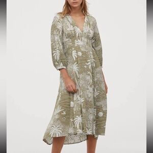 Desmond & Dempsey x H&M Tropical Floral Patterned Green Cream Midi Dress XXS